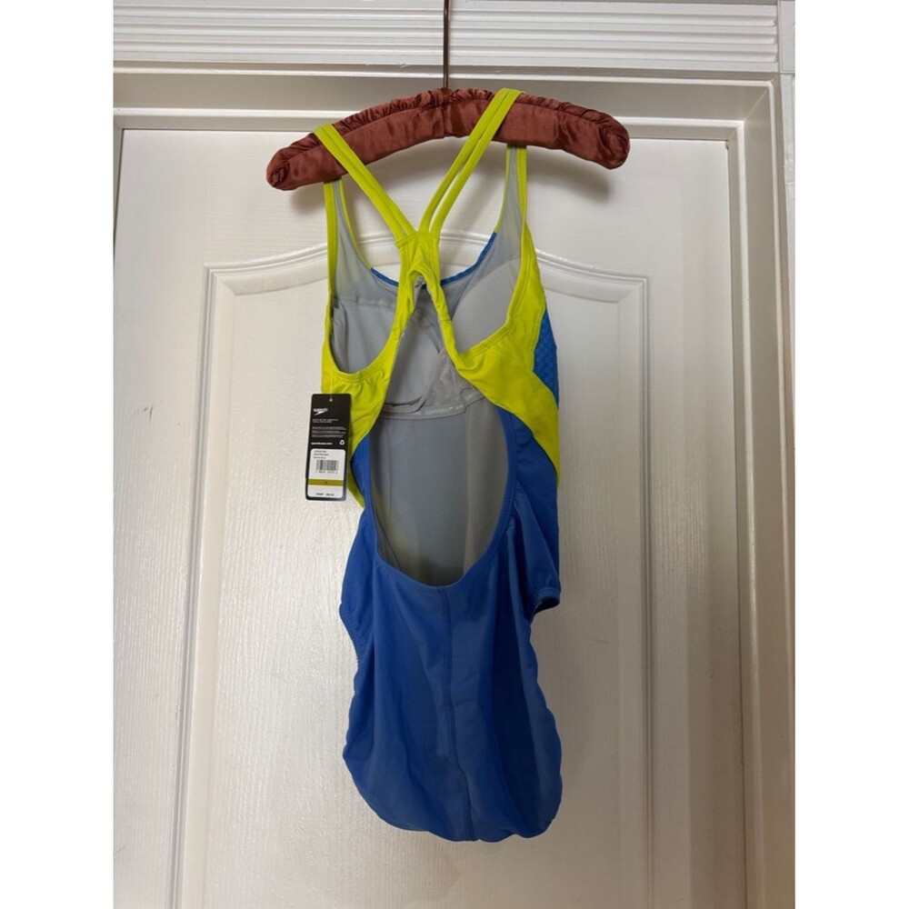 Speedo Swimsuit 1 Piece Creora Quantum Splice Jacquard Sevres Blue Yellow 14 NWT - Picture 4 of 12